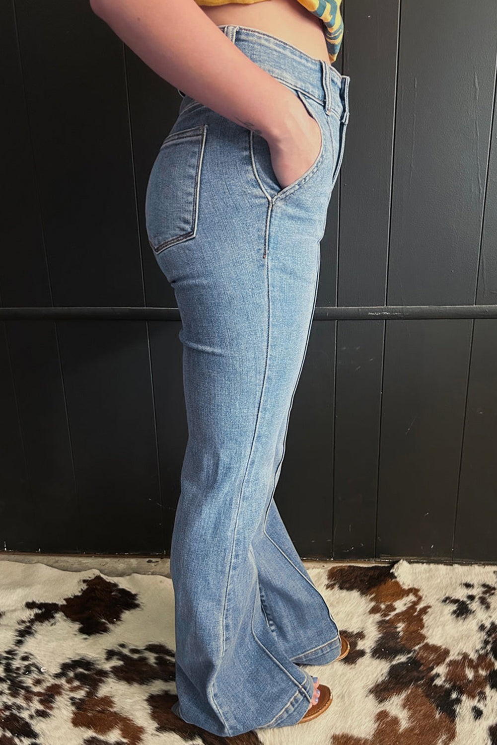 2 Button High Waist Piping Trim Bootcut Jeans
