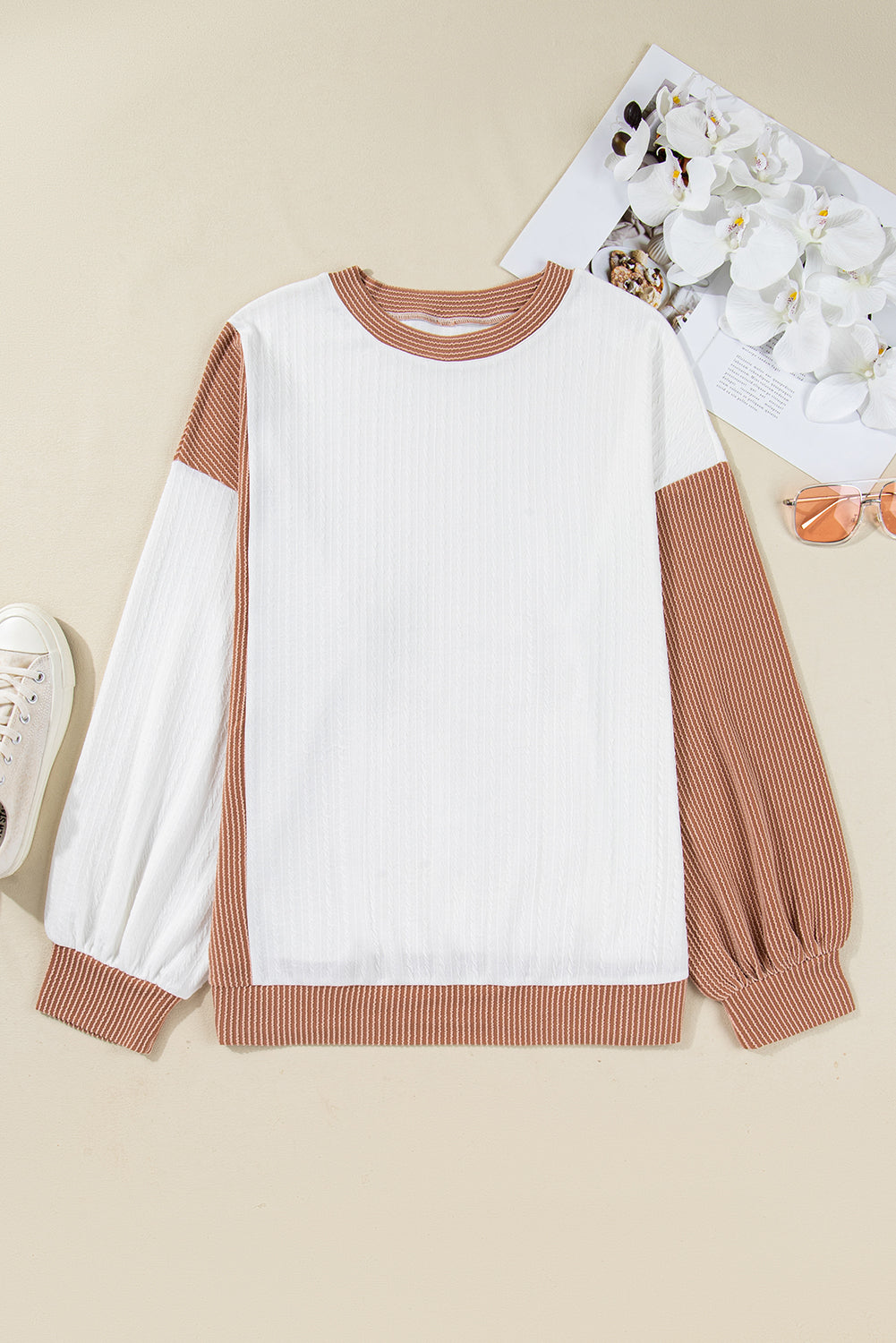 Cable Texture Ribbed Color Block Plus Size Knit Top