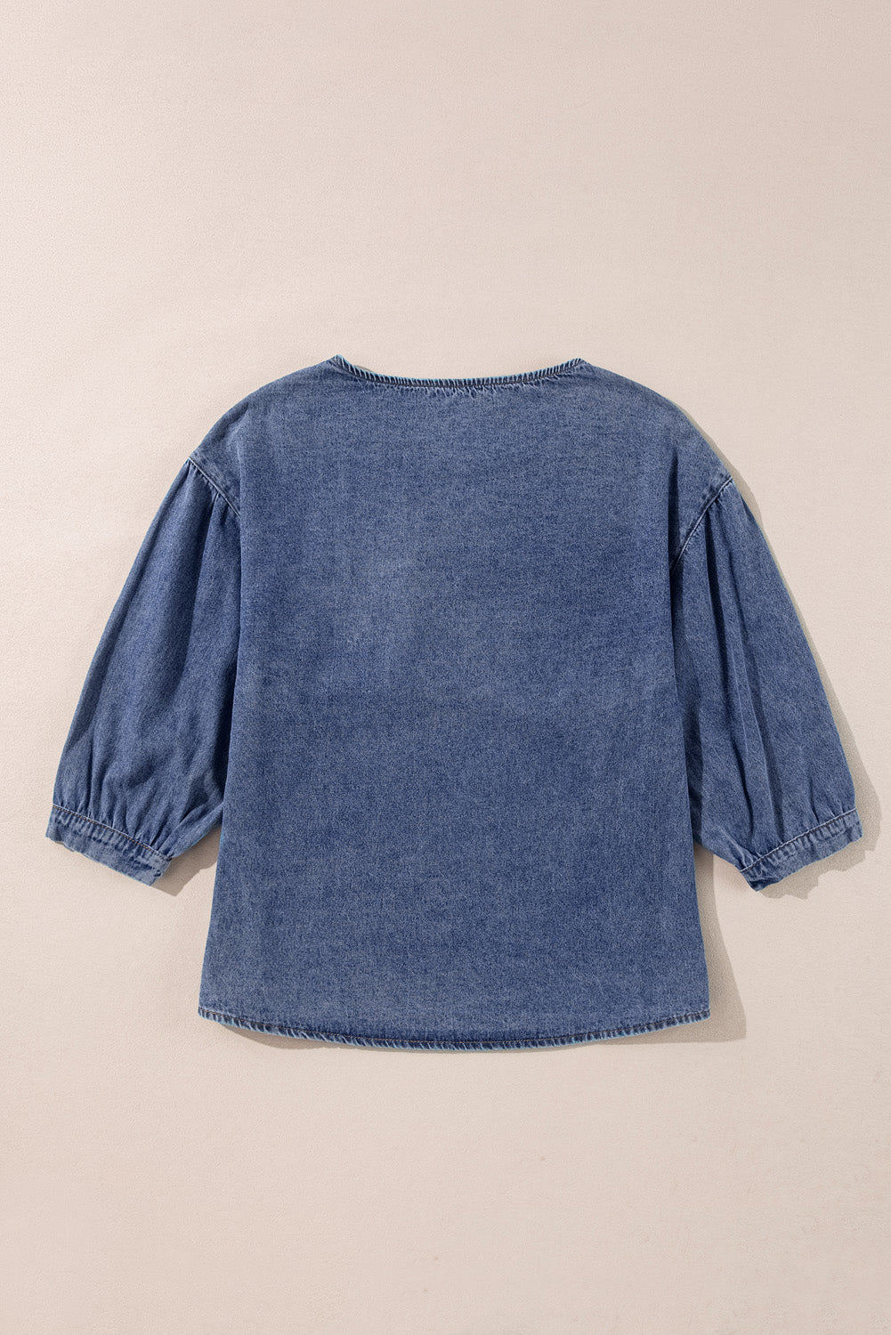 3/4 Sleeve Ruffled Patched Pocket Denim Blouse