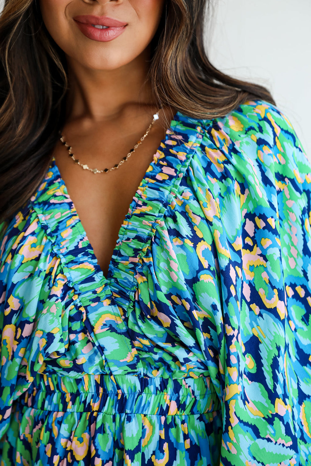 Abstract Print Puff Sleeve V Neck High Waist Romper