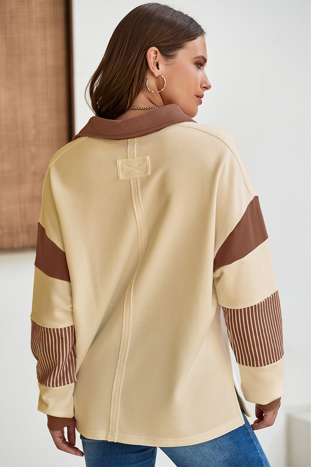 Block Striped Patchwork Sequin Rugby Graphic Polo Sweatshirt