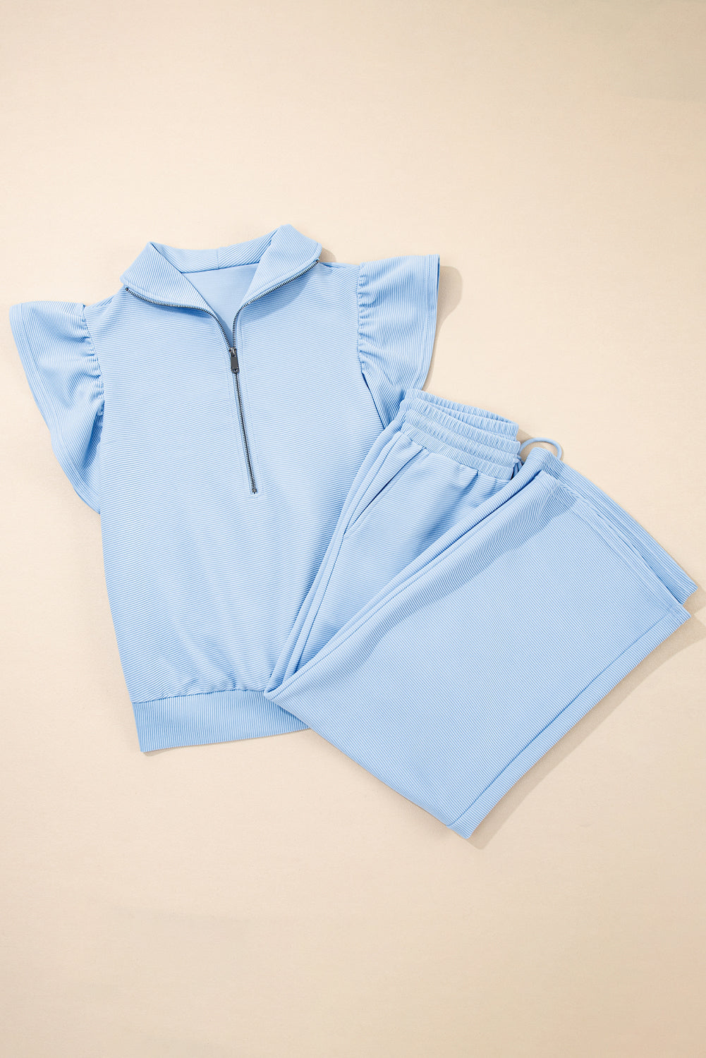 Textured Ruffled Sleeve Zipped Set