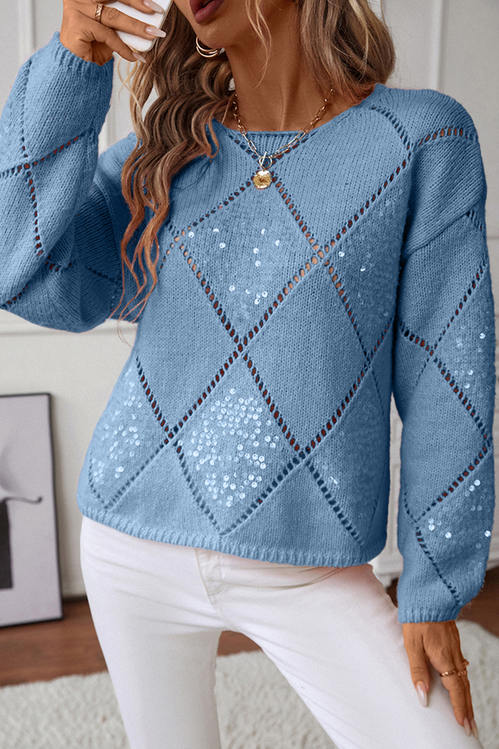 Hollowed Rhombus Pattern Sequin Sweater