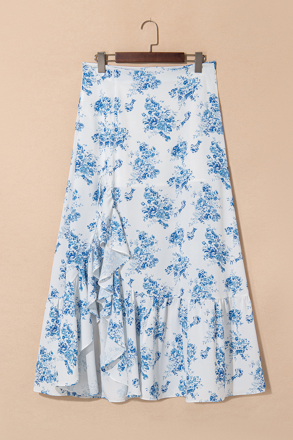 Boho Floral High Waist Ruffle Split Maxi Skirt
