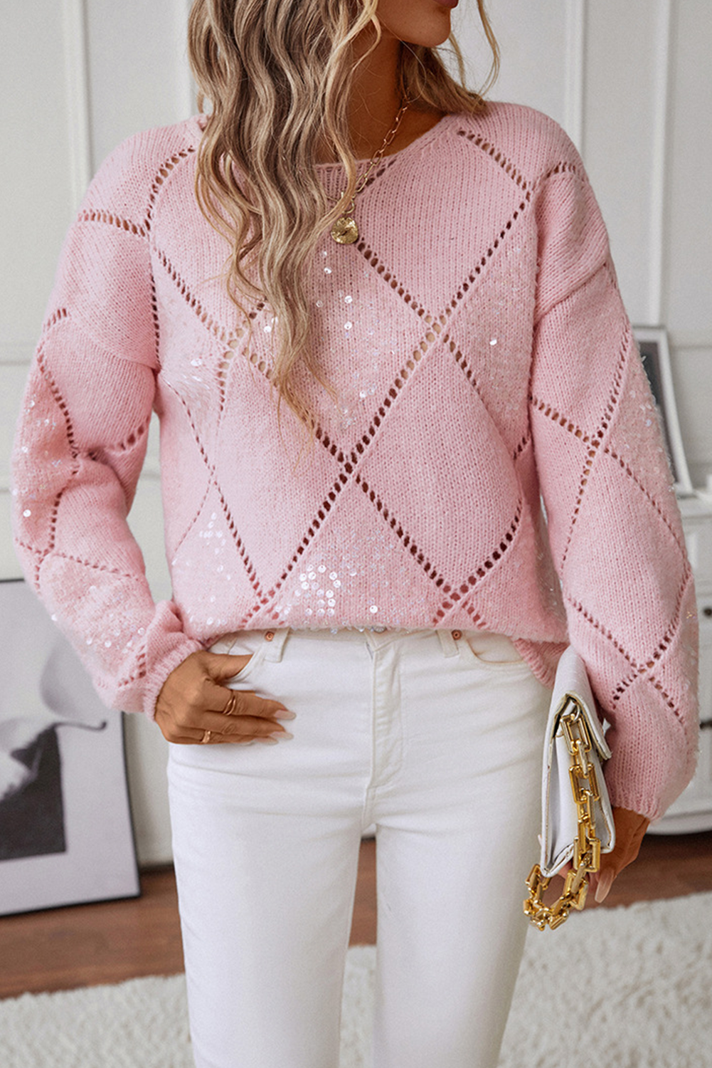 Hollowed Rhombus Pattern Sequin Sweater