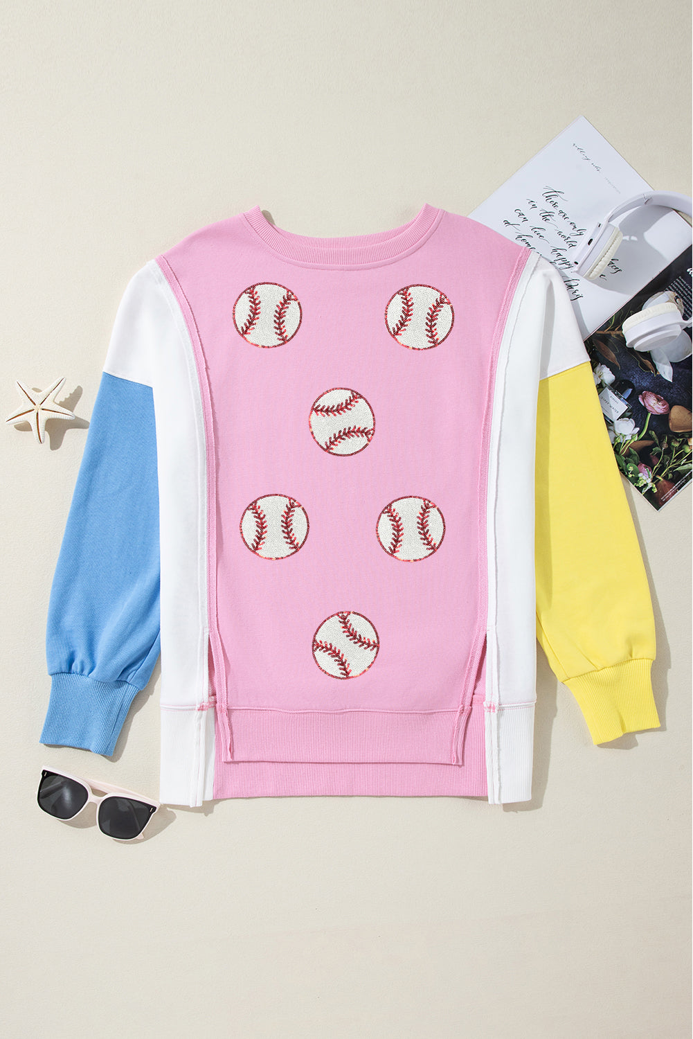 Color Block Patchwork Sequin Baseball Patched Sweatshirt