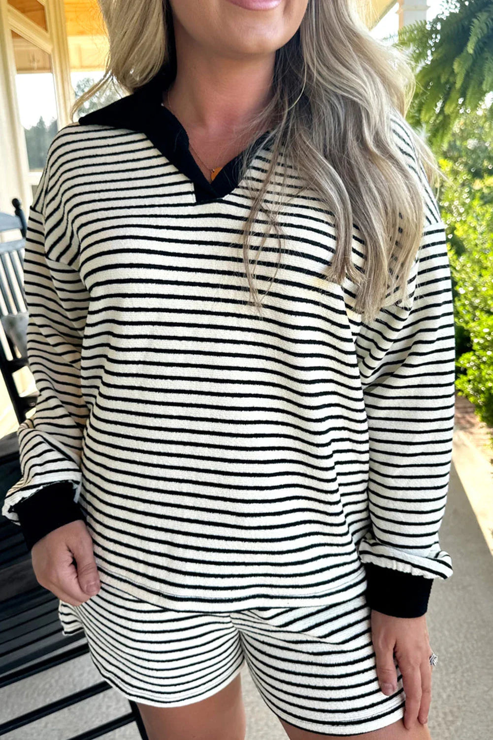 Stripe Collared Tee and Drawstring Shorts Set