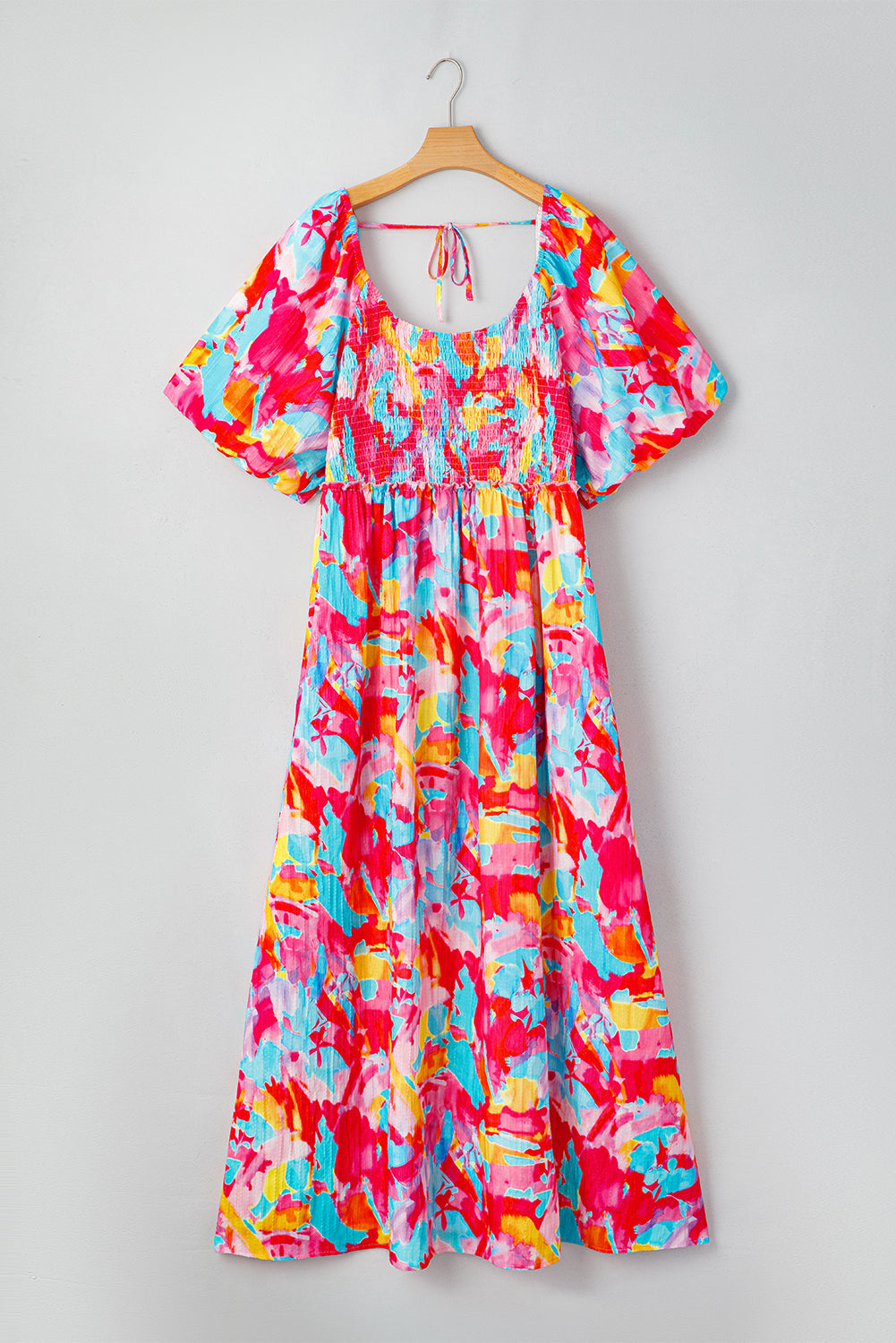 Abstract Printed Puff Sleeve Square Neck Smocked Bust Tied Back Plus Size Dress