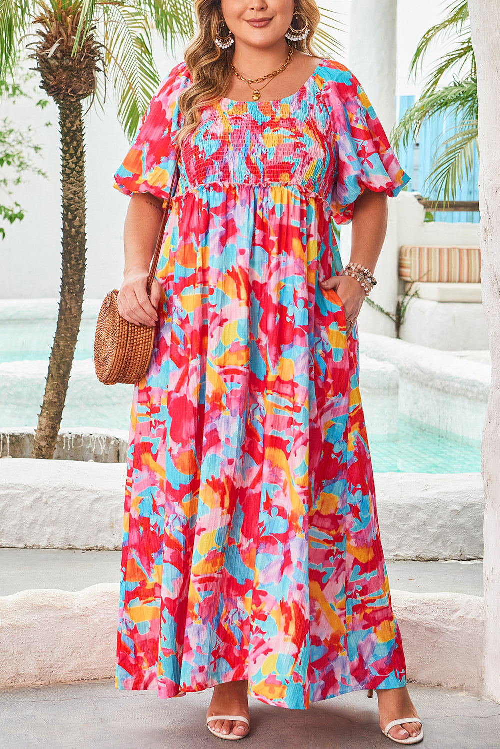 Abstract Printed Puff Sleeve Square Neck Smocked Bust Tied Back Plus Size Dress