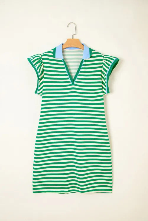 Green Stripe Print Contrast Collar Split Neck Flutter Sleeve Short Dress