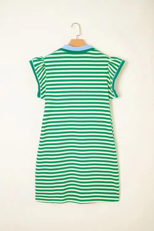Green Stripe Print Contrast Collar Split Neck Flutter Sleeve Short Dress