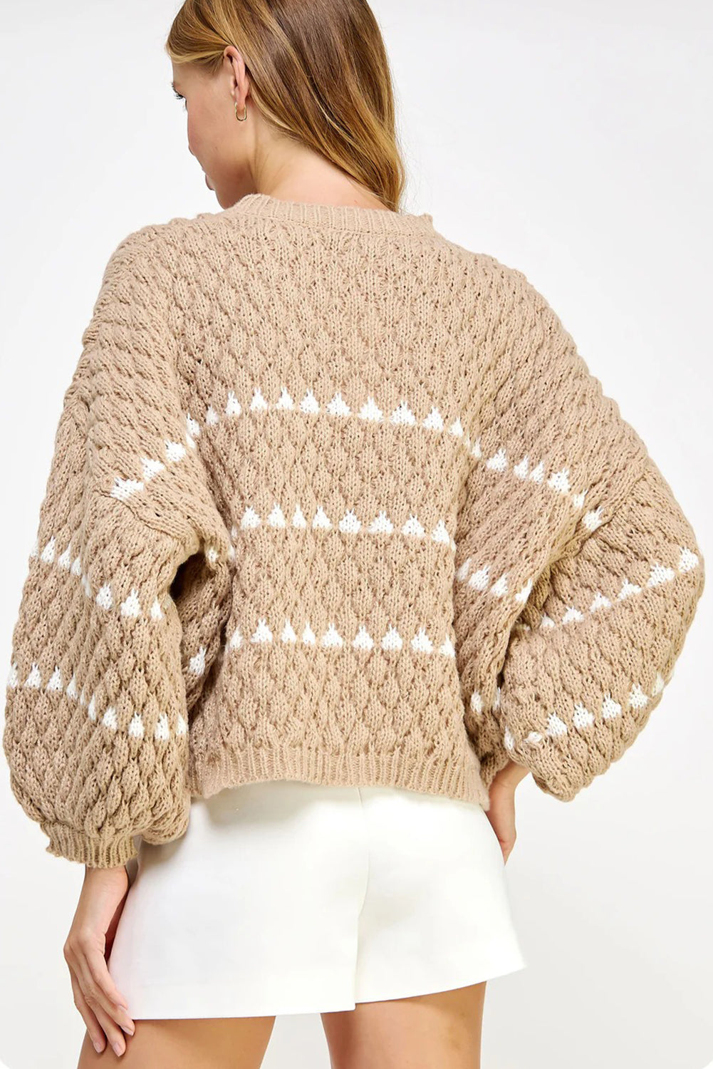 Contrast Detail Textured Knit Puff Sleeve Baggy Sweater