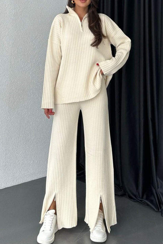 Zip Collar Ribbed Pullover Split Leg Lounge Pants Set