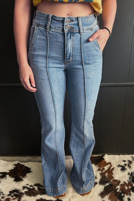 2 Button High Waist Piping Trim Bootcut Jeans