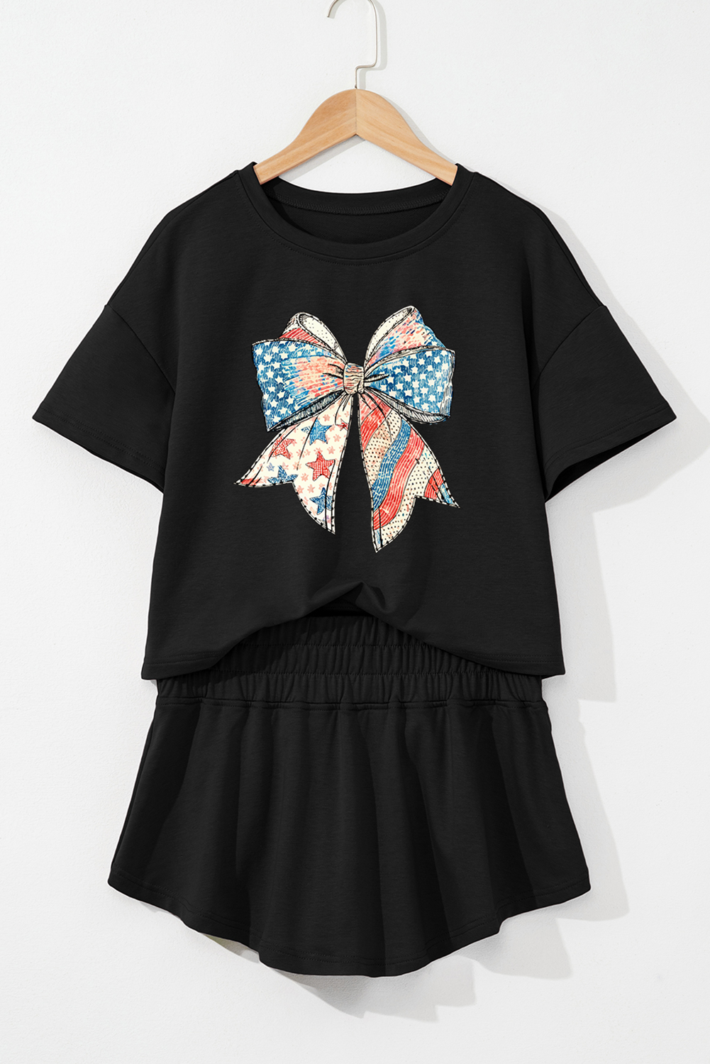 American Flag Inspired Bow Print Relaxed Tee and Skort 2pcs Outfit