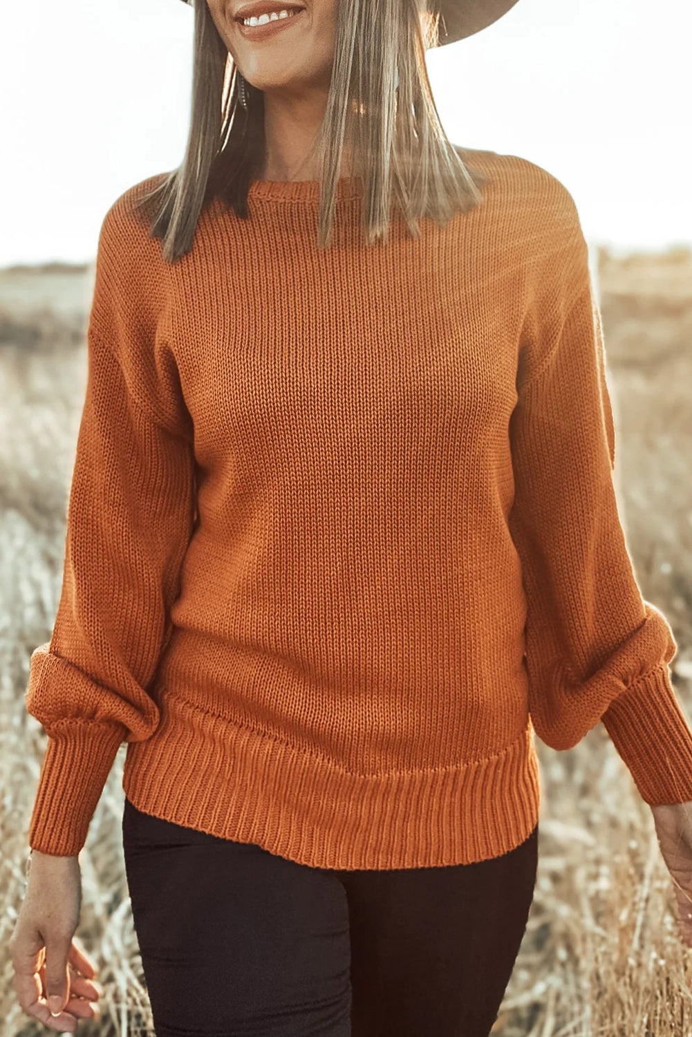 Solid Color Ribbed Trim Drop Shoulder Sweater