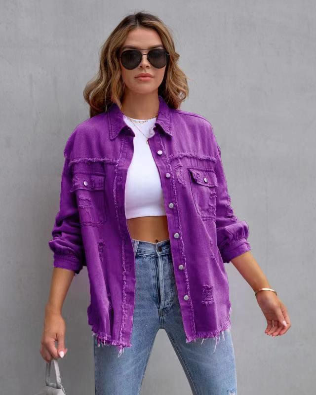 Long Raw Edge Ripped Denim Jacket