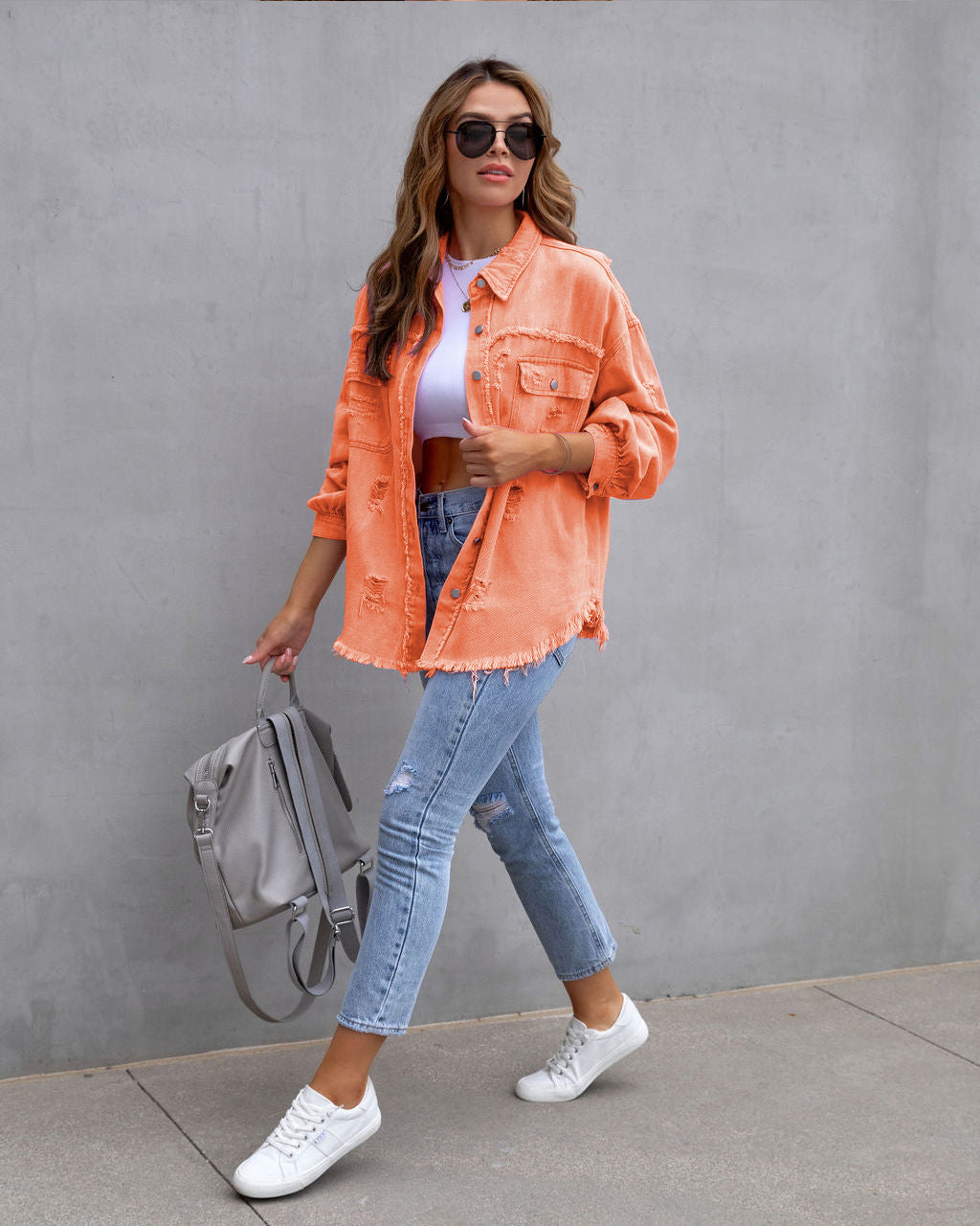Long Raw Edge Ripped Denim Jacket