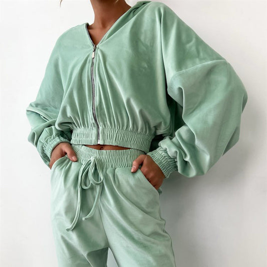 Zipper Hoodie Drawstring Pants Suits