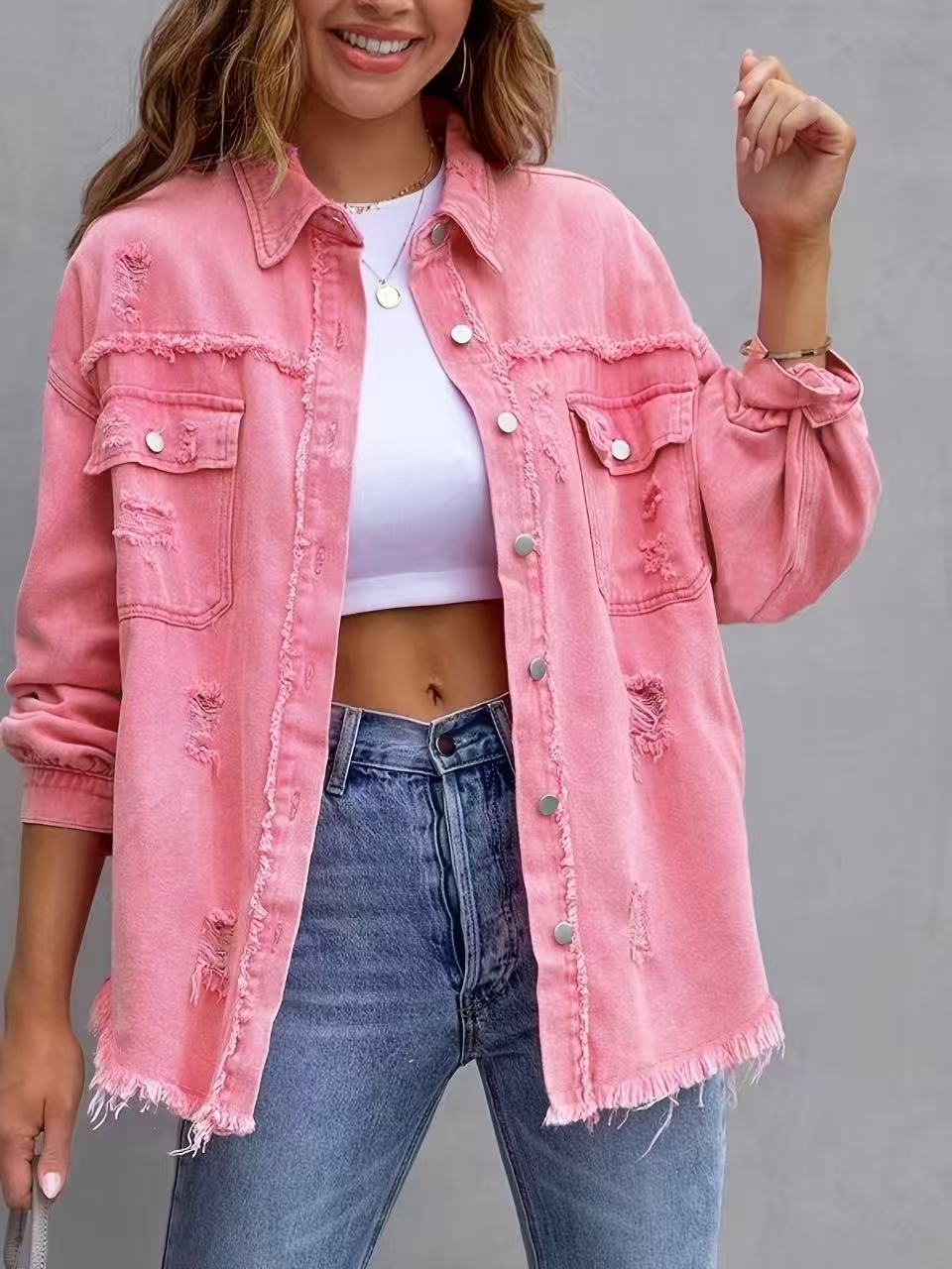 Long Raw Edge Ripped Denim Jacket