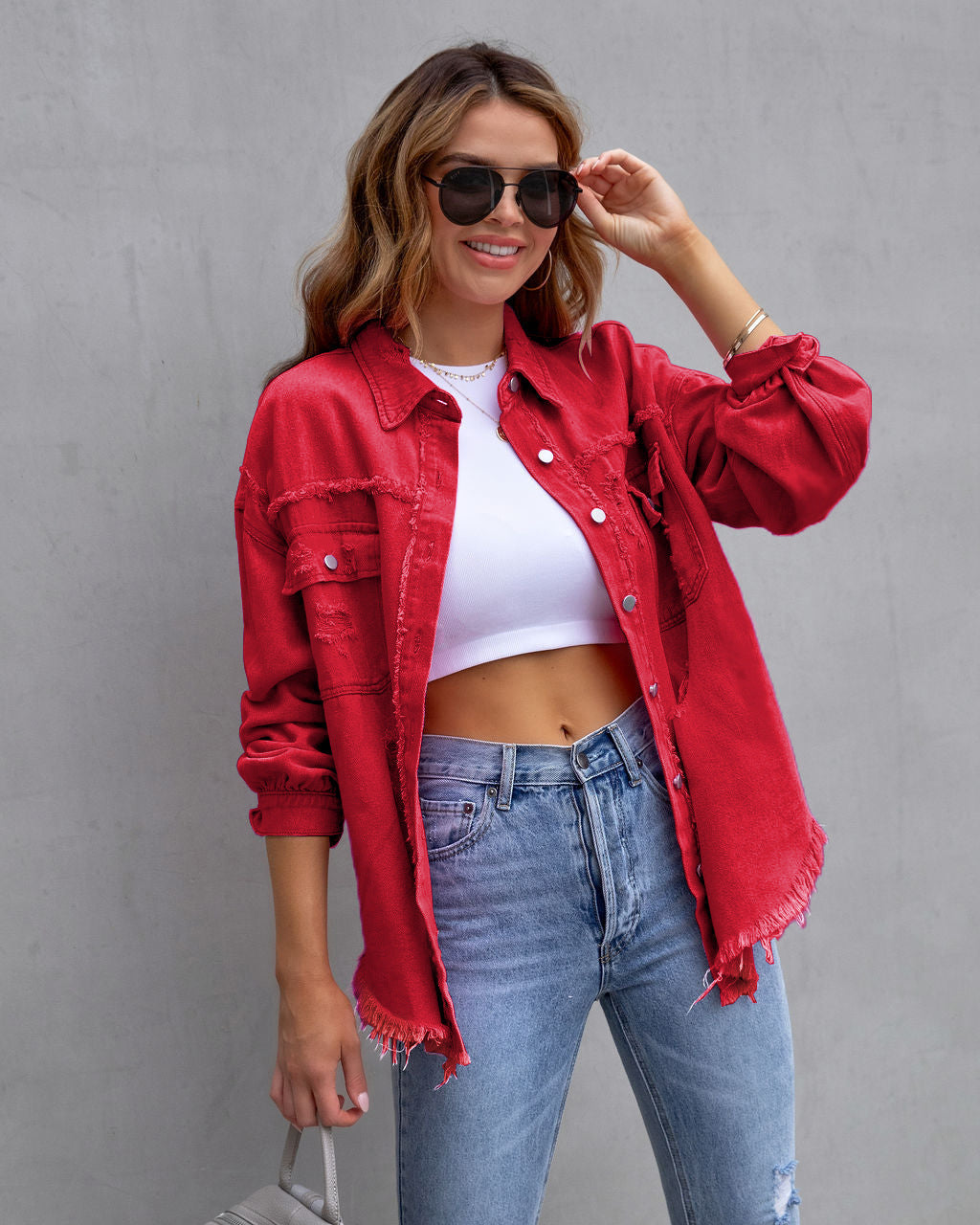 Long Raw Edge Ripped Denim Jacket