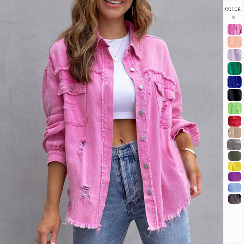 Long Raw Edge Ripped Denim Jacket