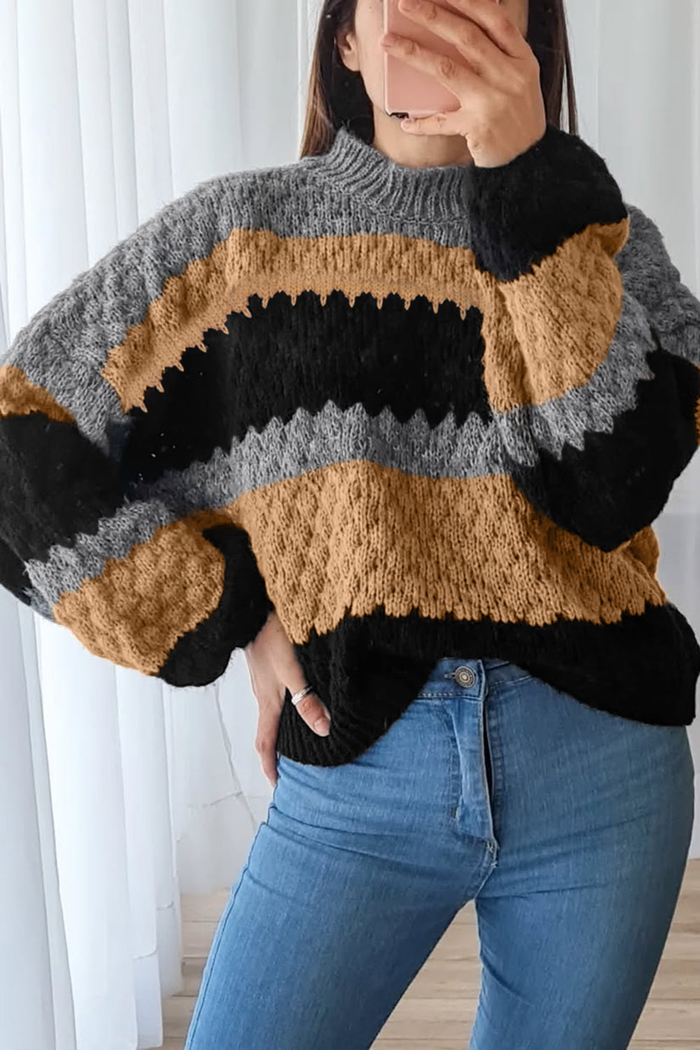 Block High Neck Baggy Sweater