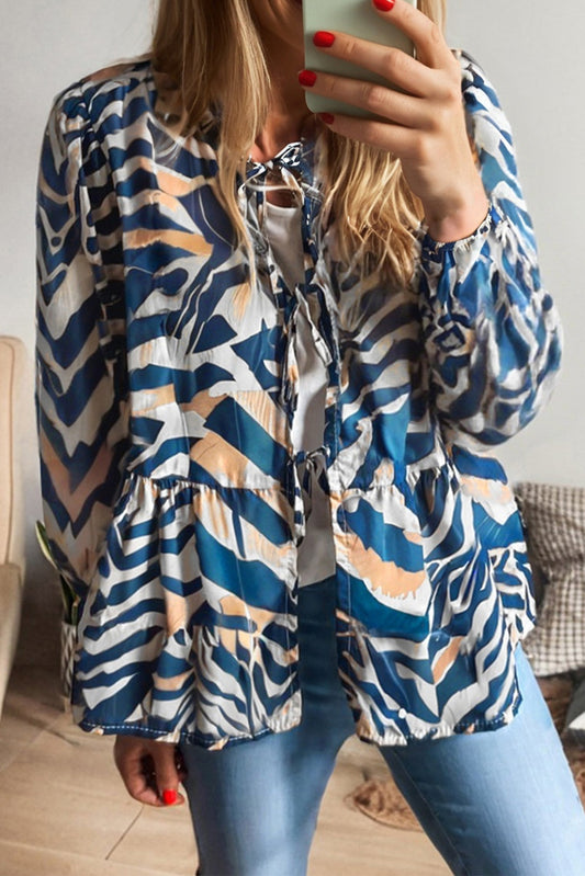 Zebra Print Tied Front Puff Sleeve Top