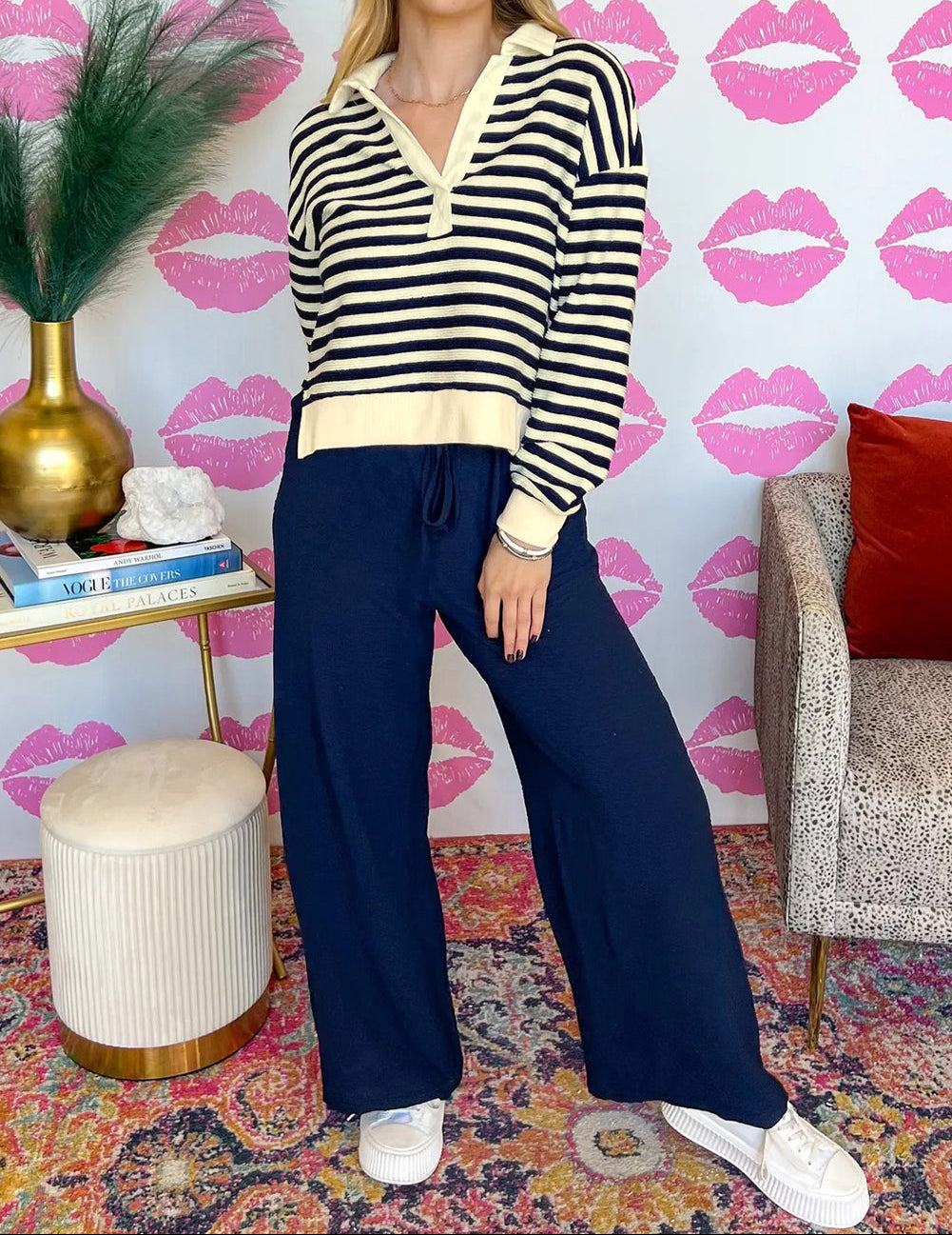 Stripe Collared V Neck Long Sleeve Casual Top