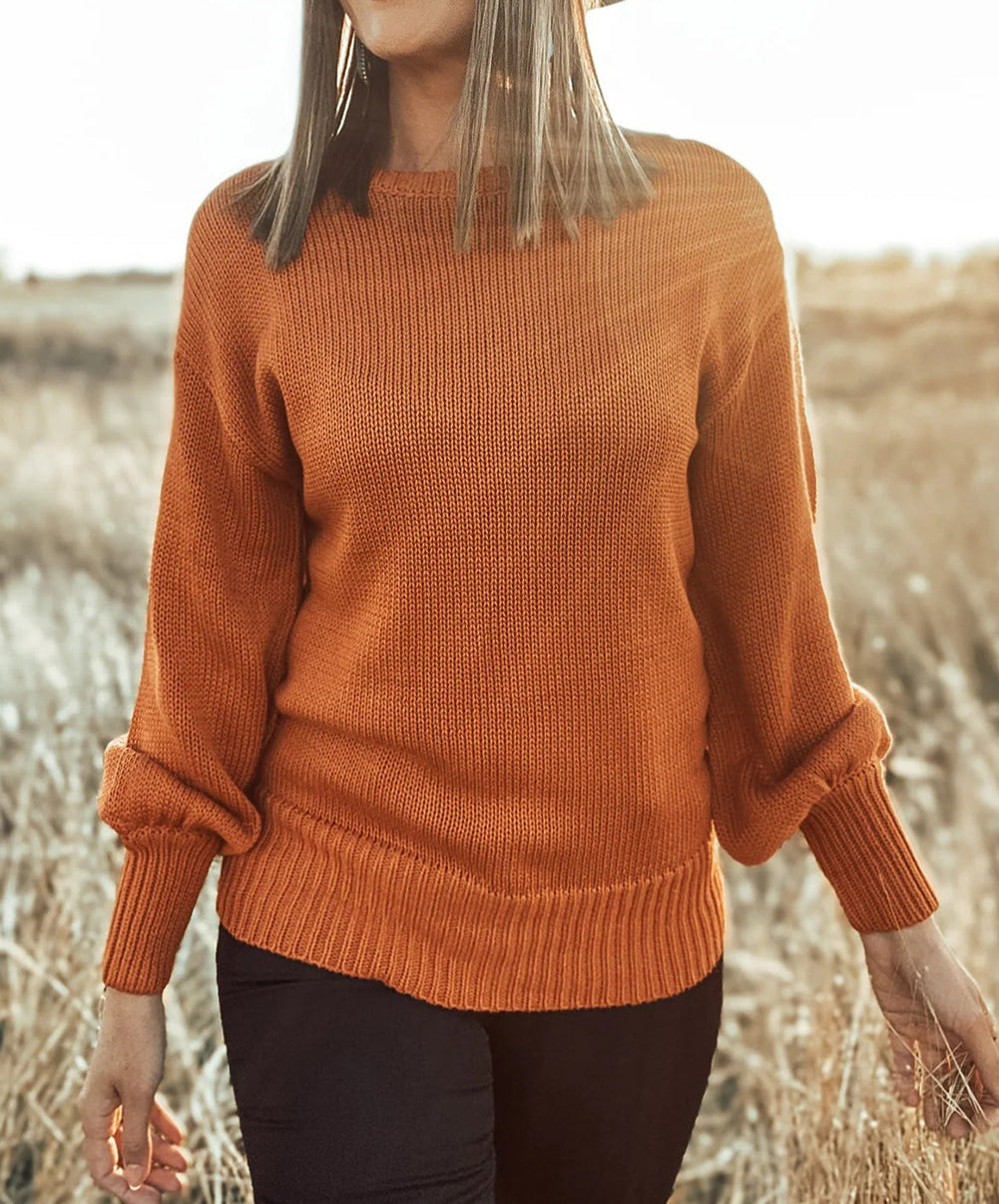 Solid Color Ribbed Trim Drop Shoulder Sweater