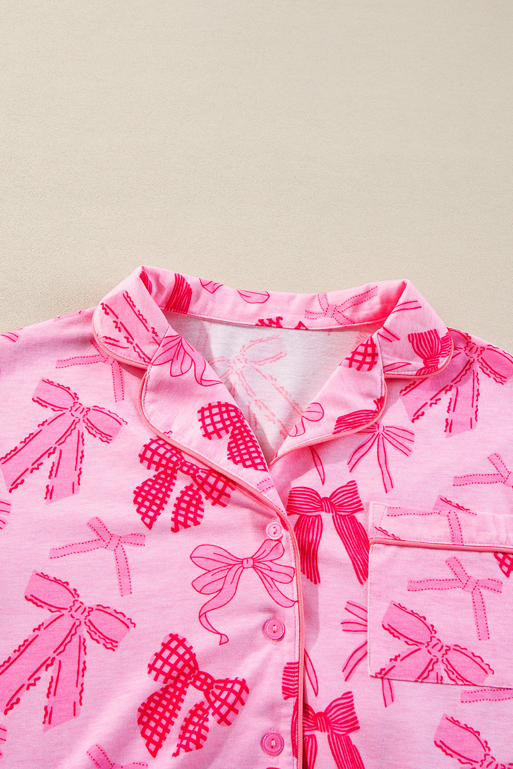Bow Knot Print Lapel Collar Short Sleeve and Pants Pajamas Set